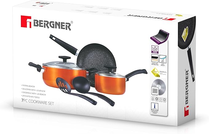 BERGNER SHINE 7PCS COOKWARE SET, PRESSED ALUMINUM COOKING SET, MARBLE+ NON - STICK COATING COOKWARE, INDUCTION BOTTOM COOKING POT SET, SUITABLE FOR ALL STOVES, METALIC ORANGE COLOR - Al Kabayel Discount CentreBERGNER SHINE 7PCS COOKWARE SET, PRESSED ALUMINUM COOKING SET, MARBLE+ NON - STICK COATING COOKWARE, INDUCTION BOTTOM COOKING POT SET, SUITABLE FOR ALL STOVES, METALIC ORANGE COLORCookware SetBERGBERAl Kabayel Discount Centre