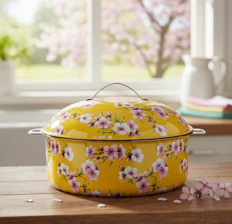 MAYFLOWER Stainless Steel Hot Pot 5000ml – Yellow Floral Design, Large Thermal Food Casserole