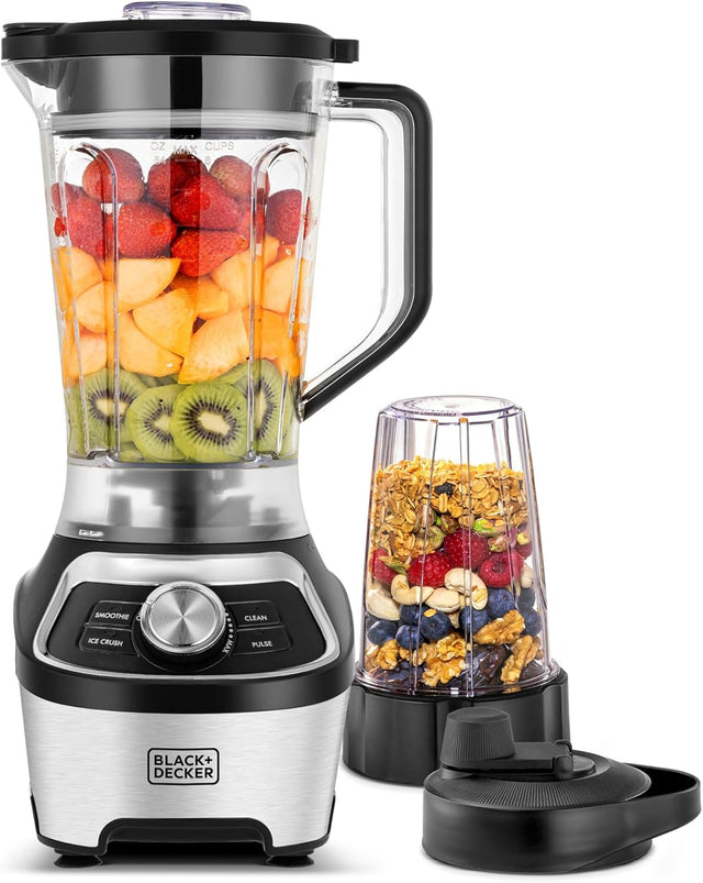 bfbm BLACK+DECKER High - Speed Blender, 1200W Motor, 1.85L BPA - Free Jar, 500ml Travel Cup, 20,000 RPM, 6 - Blade, Stainless Steel, Smoothie & Ice Crush Presets, Variable Speed, Black/Silver - BXH1200 - B5 - Al Kabayel Discount Centrebfbm BLACK+DECKER High - Speed Blender, 1200W Motor, 1.85L BPA - Free Jar, 500ml Travel Cup, 20,000 RPM, 6 - Blade, Stainless Steel, Smoothie & Ice Crush Presets, Variable Speed, Black/Silver - BXH1200 - B5Blenders, Mixers & Food ProcessorsBLACK & DECKERAl Kabayel 