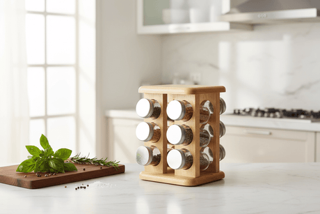 Billi 12 - Piece Spice Bottle Set with Aluminium Lids & Rotating Wooden Stand 15.5*15.5*22.5 Cm - Al Kabayel Discount CentreBilli 12 - Piece Spice Bottle Set with Aluminium Lids & Rotating Wooden Stand 15.5*15.5*22.5 CmOrganizers & AccessoriesBILLIAl Kabayel Discount Centre