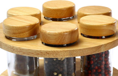 Billi 6Pcs Spice Bottle Set with Wooden Lid & Rotating Stand — 20×12 cm - Al Kabayel Discount CentreBilli 6Pcs Spice Bottle Set with Wooden Lid & Rotating Stand — 20×12 cmOrganizers & AccessoriesBILLIAl Kabayel Discount Centre