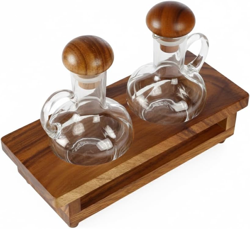 Billi Acacia Wood & Glass Oil and Vinegar Cruet Set | 2 - Bottle Condiment Dispenser with Wooden Stand - Al Kabayel Discount CentreBilli Acacia Wood & Glass Oil and Vinegar Cruet Set | 2 - Bottle Condiment Dispenser with Wooden StandOrganizers & AccessoriesBILLIAl Kabayel Discount Centre