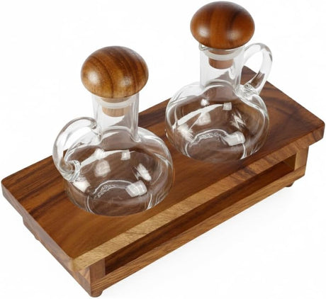 Billi Acacia Wood & Glass Oil and Vinegar Cruet Set | 2 - Bottle Condiment Dispenser with Wooden Stand - Al Kabayel Discount CentreBilli Acacia Wood & Glass Oil and Vinegar Cruet Set | 2 - Bottle Condiment Dispenser with Wooden StandOrganizers & AccessoriesBILLIAl Kabayel Discount Centre