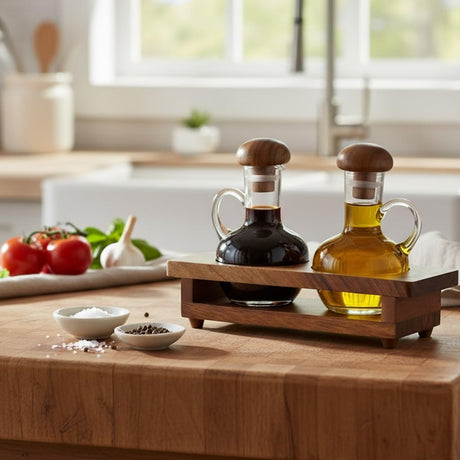 Billi Acacia Wood & Glass Oil and Vinegar Cruet Set | 2 - Bottle Condiment Dispenser with Wooden Stand - Al Kabayel Discount CentreBilli Acacia Wood & Glass Oil and Vinegar Cruet Set | 2 - Bottle Condiment Dispenser with Wooden StandOrganizers & AccessoriesBILLIAl Kabayel Discount Centre