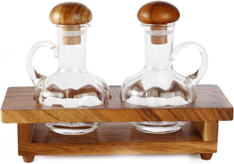 Billi Acacia Wood & Glass Oil and Vinegar Cruet Set | 2 - Bottle Condiment Dispenser with Wooden Stand - Al Kabayel Discount CentreBilli Acacia Wood & Glass Oil and Vinegar Cruet Set | 2 - Bottle Condiment Dispenser with Wooden StandOrganizers & AccessoriesBILLIAl Kabayel Discount Centre