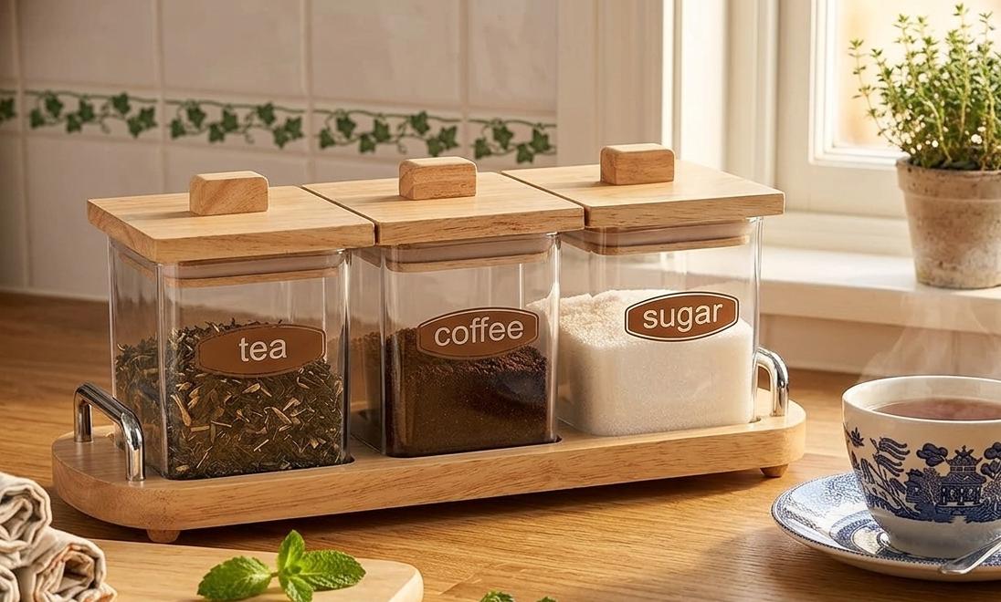 Billi Coffee, Tea & Sugar Canister Set with Wooden Lid & Stand 11*37*15.5 cm - Al Kabayel Discount CentreBilli Coffee, Tea & Sugar Canister Set with Wooden Lid & Stand 11*37*15.5 cmJars & Food SaversBILLIAl Kabayel Discount Centre