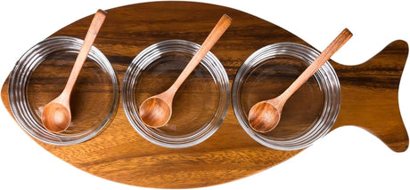 Billi Fish - Shaped Acacia Wood Condiment Set – 3 Glass Bowls & 3 Wooden Spoons - Al Kabayel Discount CentreBilli Fish - Shaped Acacia Wood Condiment Set – 3 Glass Bowls & 3 Wooden SpoonsJars & Food SaversBILLIAl Kabayel Discount Centre