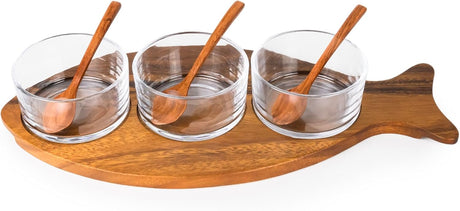 Billi Fish - Shaped Acacia Wood Condiment Set – 3 Glass Bowls & 3 Wooden Spoons - Al Kabayel Discount CentreBilli Fish - Shaped Acacia Wood Condiment Set – 3 Glass Bowls & 3 Wooden SpoonsJars & Food SaversBILLIAl Kabayel Discount Centre