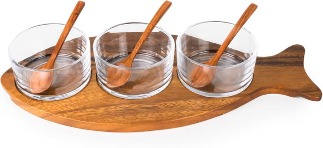 Billi Fish - Shaped Acacia Wood Condiment Set – 3 Glass Bowls & 3 Wooden Spoons - Al Kabayel Discount CentreBilli Fish - Shaped Acacia Wood Condiment Set – 3 Glass Bowls & 3 Wooden SpoonsJars & Food SaversBILLIAl Kabayel Discount Centre
