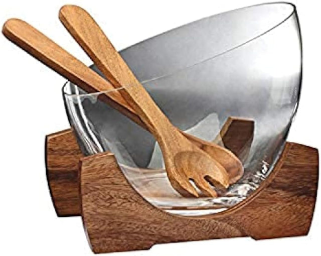 Billi Glass Salad Bowl with Acacia Wood Stand & Servers – 25.7×23.5 cm - Al Kabayel Discount CentreBilli Glass Salad Bowl with Acacia Wood Stand & Servers – 25.7×23.5 cmBowlsBILLIAl Kabayel Discount Centre