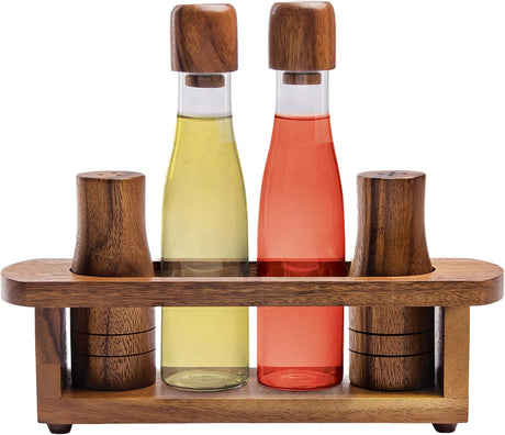 Billi Wooden Oil, Vinegar, Salt & Pepper Canister Set — 4 - Piece Dining Condiment Set with Acacia Wood Tray 7*26*21 cm - Al Kabayel Discount CentreBilli Wooden Oil, Vinegar, Salt & Pepper Canister Set — 4 - Piece Dining Condiment Set with Acacia Wood Tray 7*26*21 cmOrganizers & AccessoriesBILLIAl Kabayel Discount Centre