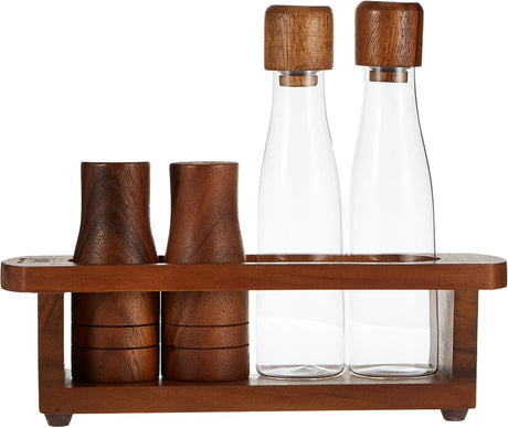 Billi Wooden Oil, Vinegar, Salt & Pepper Canister Set — 4 - Piece Dining Condiment Set with Acacia Wood Tray 7*26*21 cm - Al Kabayel Discount CentreBilli Wooden Oil, Vinegar, Salt & Pepper Canister Set — 4 - Piece Dining Condiment Set with Acacia Wood Tray 7*26*21 cmOrganizers & AccessoriesBILLIAl Kabayel Discount Centre