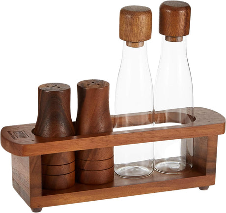 Billi Wooden Oil, Vinegar, Salt & Pepper Canister Set — 4 - Piece Dining Condiment Set with Acacia Wood Tray 7*26*21 cm - Al Kabayel Discount CentreBilli Wooden Oil, Vinegar, Salt & Pepper Canister Set — 4 - Piece Dining Condiment Set with Acacia Wood Tray 7*26*21 cmOrganizers & AccessoriesBILLIAl Kabayel Discount Centre
