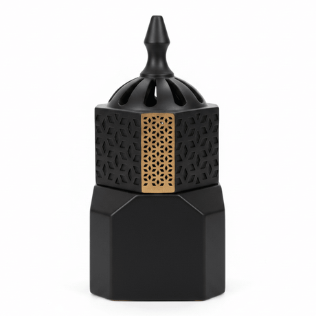 Black Ceramic Incense Burner — Hexagonal Bakhoor Mabkhara | 14cm - Al Kabayel Discount CentreBlack Ceramic Incense Burner — Hexagonal Bakhoor Mabkhara | 14cmIncense BurnerAKDCAl Kabayel Discount Centre