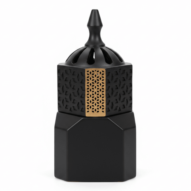 Black Ceramic Incense Burner — Hexagonal Bakhoor Mabkhara | 14cm - Al Kabayel Discount CentreBlack Ceramic Incense Burner — Hexagonal Bakhoor Mabkhara | 14cmIncense BurnerAKDCAl Kabayel Discount Centre