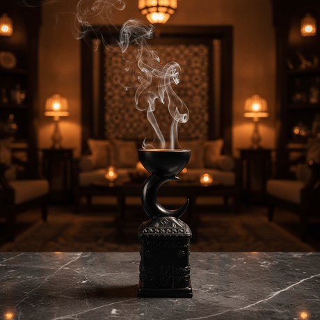 Black Chalk Incense Burner with Crescent Moon Stand | 22cm | Luxury Arabic Bakhoor Holder - Al Kabayel Discount CentreBlack Chalk Incense Burner with Crescent Moon Stand | 22cm | Luxury Arabic Bakhoor HolderIncense BurnerAKDCAl Kabayel Discount Centre