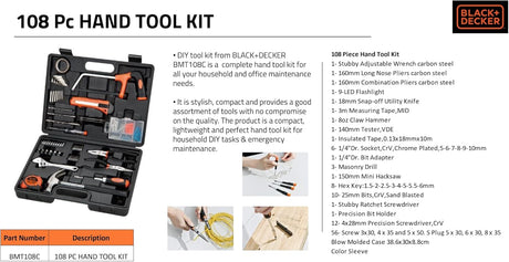 Black & Decker 108 Pieces Hand Tool Kitfor Home & Office Orange/Black BMT108C - Al Kabayel Discount CentreBlack & Decker 108 Pieces Hand Tool Kitfor Home & Office Orange/Black BMT108CHand ToolsBLACK & DECKERAl Kabayel Discount Centre