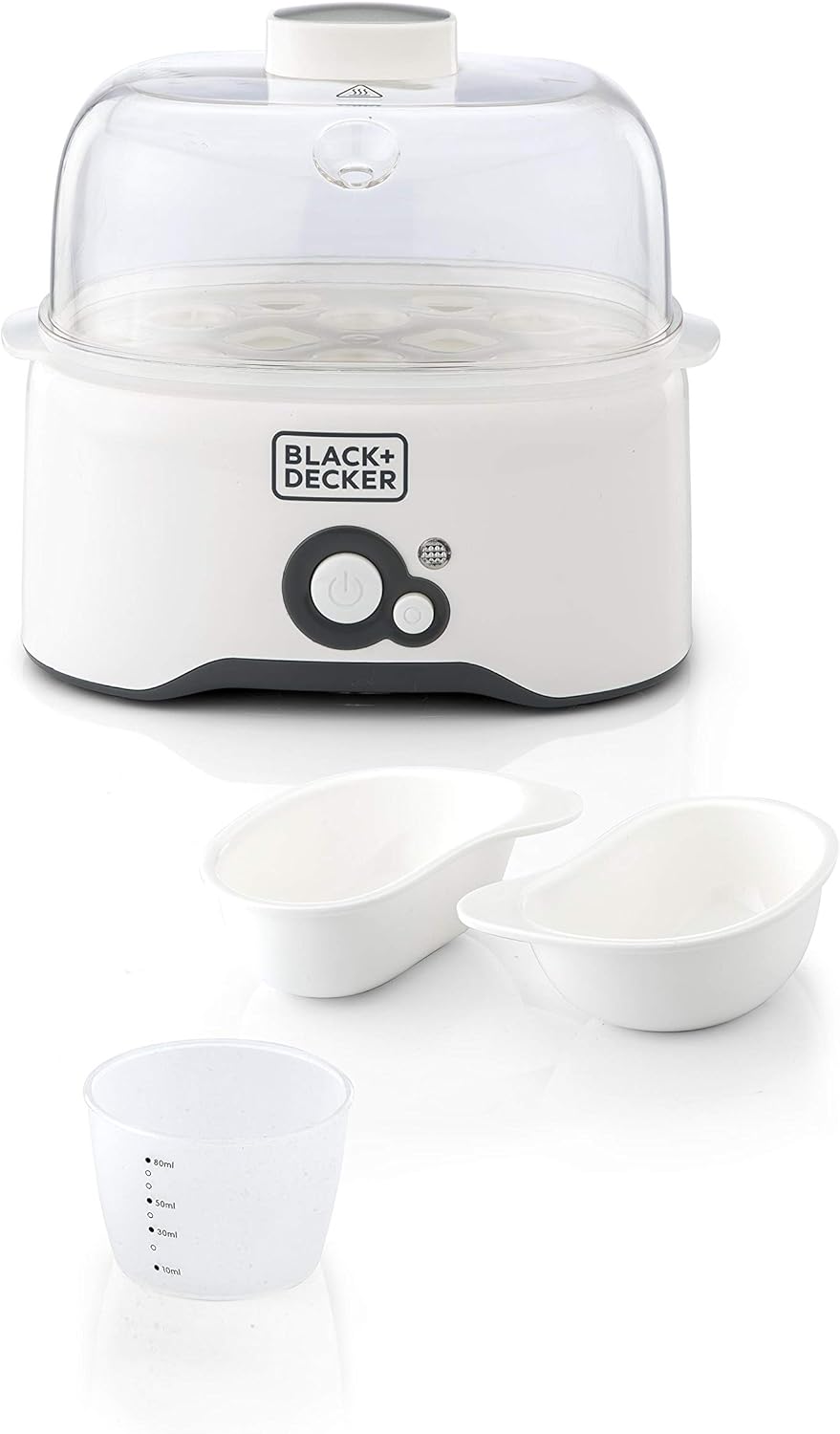 Black & Decker 280w 6 piece egg cooker with cooking rack and 2 poaching pan dry boil auto shutoff protection transparent cover white body, for perfect eggs eg200 - b - Al Kabayel Discount CentreBlack & Decker 280w 6 piece egg cooker with cooking rack and 2 poaching pan dry boil auto shutoff protection transparent cover white body, for perfect eggs eg200 - bFood & Drink AppliancesBLACK & DECKERAl Kabayel Discount Centre