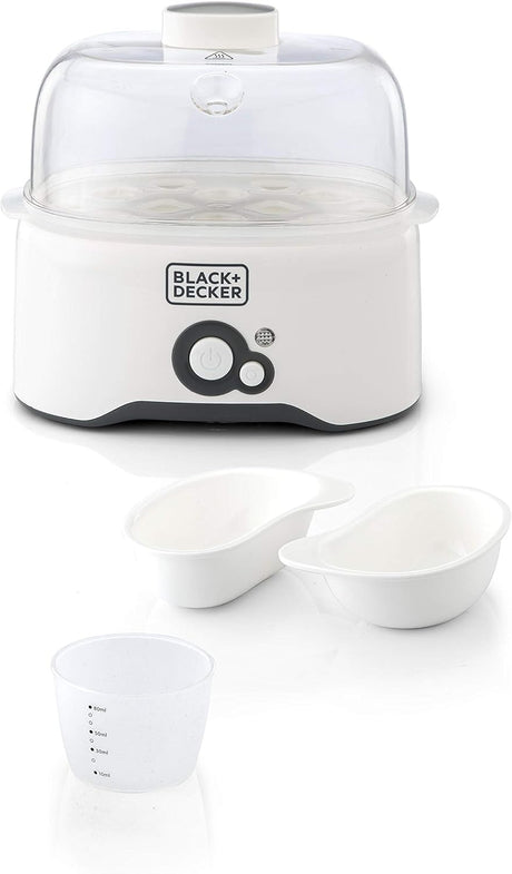Black & Decker 280w 6 piece egg cooker with cooking rack and 2 poaching pan dry boil auto shutoff protection transparent cover white body, for perfect eggs eg200 - b - Al Kabayel Discount CentreBlack & Decker 280w 6 piece egg cooker with cooking rack and 2 poaching pan dry boil auto shutoff protection transparent cover white body, for perfect eggs eg200 - bFood & Drink AppliancesBLACK & DECKERAl Kabayel Discount Centre