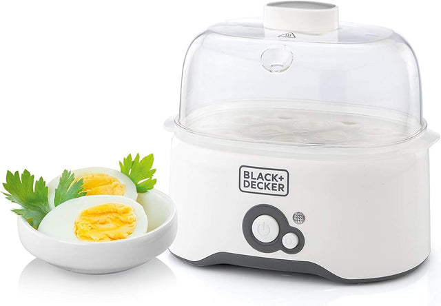 Black & Decker 280w 6 piece egg cooker with cooking rack and 2 poaching pan dry boil auto shutoff protection transparent cover white body, for perfect eggs eg200 - b - Al Kabayel Discount CentreBlack & Decker 280w 6 piece egg cooker with cooking rack and 2 poaching pan dry boil auto shutoff protection transparent cover white body, for perfect eggs eg200 - bFood & Drink AppliancesBLACK & DECKERAl Kabayel Discount Centre