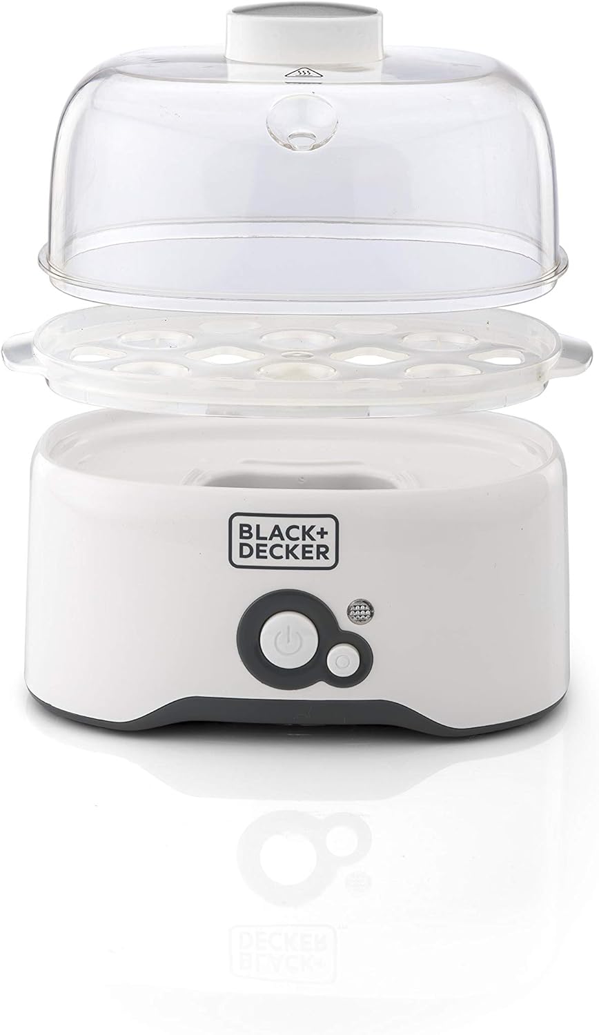 Black & Decker 280w 6 piece egg cooker with cooking rack and 2 poaching pan dry boil auto shutoff protection transparent cover white body, for perfect eggs eg200 - b - Al Kabayel Discount CentreBlack & Decker 280w 6 piece egg cooker with cooking rack and 2 poaching pan dry boil auto shutoff protection transparent cover white body, for perfect eggs eg200 - bFood & Drink AppliancesBLACK & DECKERAl Kabayel Discount Centre