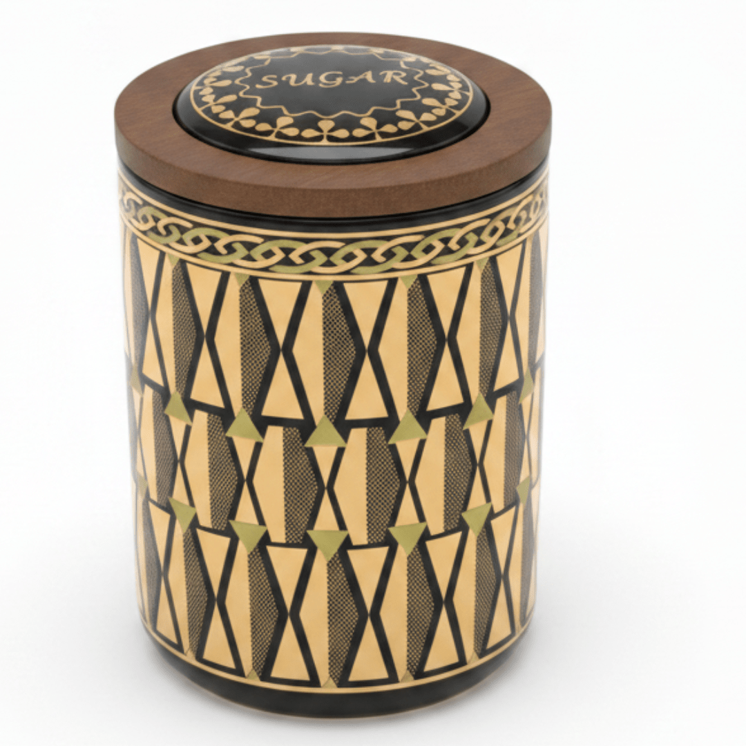 Black & Gold Geometric Ceramic Canister with Lid | 15×10cm - Al Kabayel Discount CentreBlack & Gold Geometric Ceramic Canister with Lid | 15×10cmJars & Food SaversAKDCAl Kabayel Discount Centre