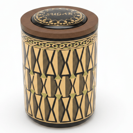 Black & Gold Geometric Ceramic Canister with Lid | 15×10cm - Al Kabayel Discount CentreBlack & Gold Geometric Ceramic Canister with Lid | 15×10cmJars & Food SaversAKDCAl Kabayel Discount Centre