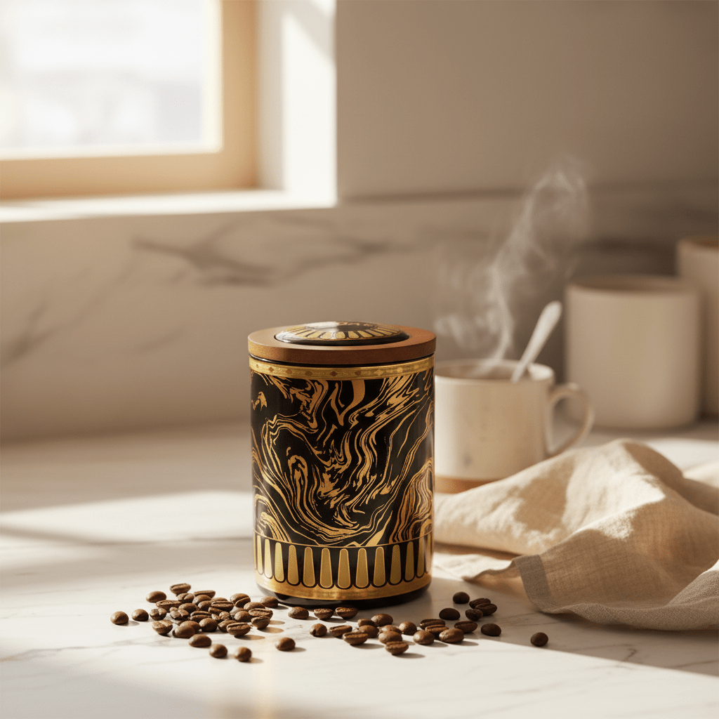 Black & Gold Marble Ceramic Canister with Wooden Lid | 15×10cm | Premium Kitchen Storage - Al Kabayel Discount CentreBlack & Gold Marble Ceramic Canister with Wooden Lid | 15×10cm | Premium Kitchen StorageJars & Food SaversAKDCAl Kabayel Discount Centre