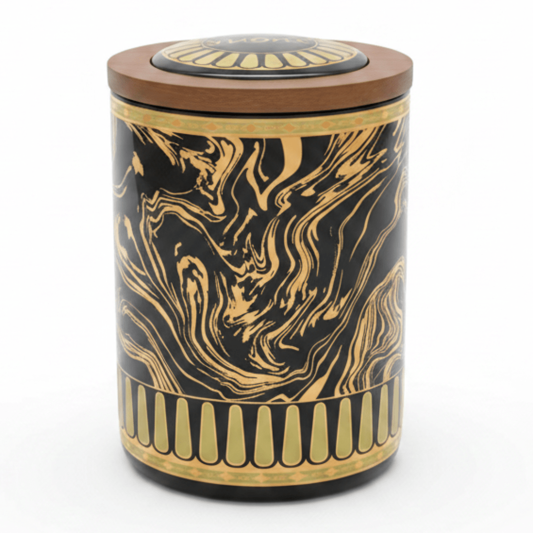 Black & Gold Marble Ceramic Canister with Wooden Lid | 15×10cm | Premium Kitchen Storage - Al Kabayel Discount CentreBlack & Gold Marble Ceramic Canister with Wooden Lid | 15×10cm | Premium Kitchen StorageJars & Food SaversAKDCAl Kabayel Discount Centre