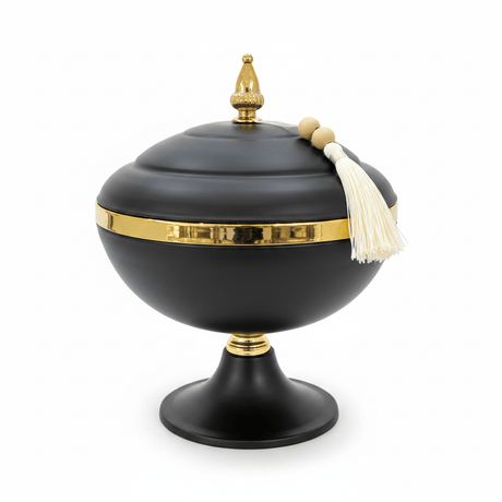 Black & Gold Metal Footed Candy Bowl with Lid - 20×20 cm - Al Kabayel Discount CentreBlack & Gold Metal Footed Candy Bowl with Lid - 20×20 cmBowlsAKDCAl Kabayel Discount Centre