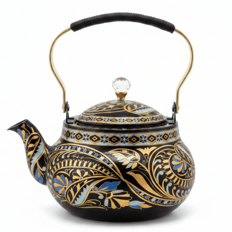 Black & Gold Ornate Metal Tea Kettle 1.5L | Elegant Crystal Knob Lid | Luxury Arabic Hospitality Teapot with Floral Paisley Design - Al Kabayel Discount CentreBlack & Gold Ornate Metal Tea Kettle 1.5L | Elegant Crystal Knob Lid | Luxury Arabic Hospitality Teapot with Floral Paisley DesignTea/Coffee PotsAKDCAl Kabayel Discount Centre