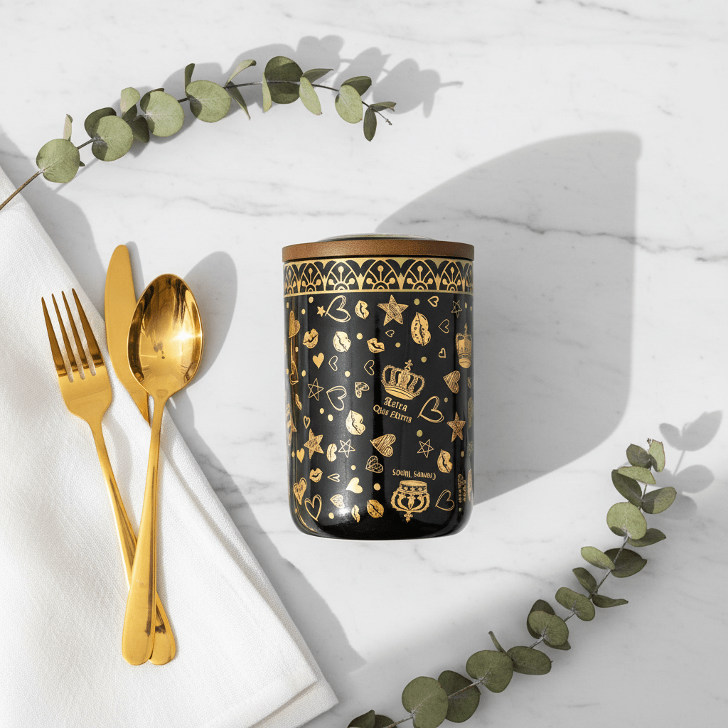 Black & Gold Royal Ceramic Canister with Wooden Lid | 15×10cm | Luxury Storage Jar - Al Kabayel Discount CentreBlack & Gold Royal Ceramic Canister with Wooden Lid | 15×10cm | Luxury Storage JarJars & Food SaversAKDCAl Kabayel Discount Centre
