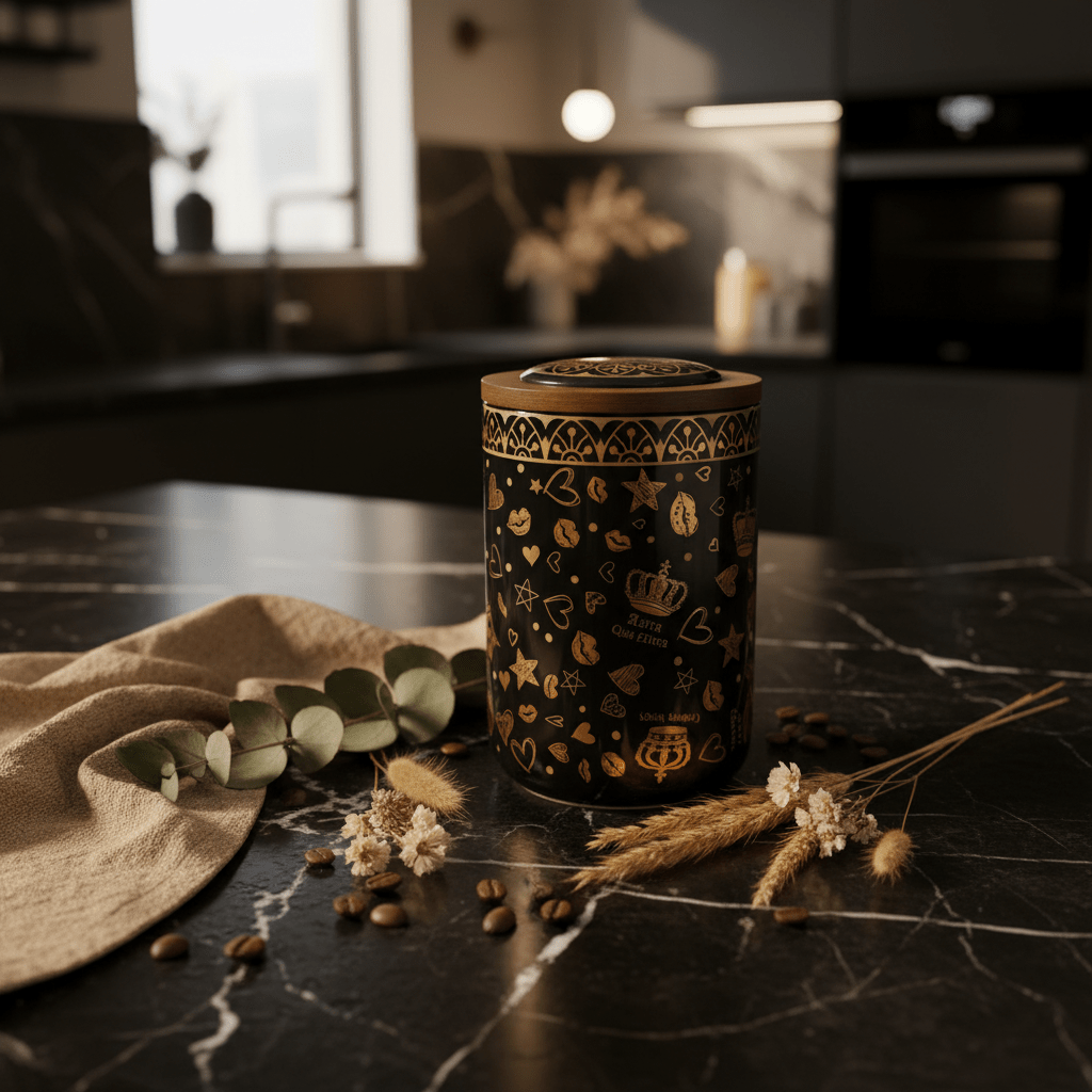 Black & Gold Royal Ceramic Canister with Wooden Lid | 15×10cm | Luxury Storage Jar - Al Kabayel Discount CentreBlack & Gold Royal Ceramic Canister with Wooden Lid | 15×10cm | Luxury Storage JarJars & Food SaversAKDCAl Kabayel Discount Centre