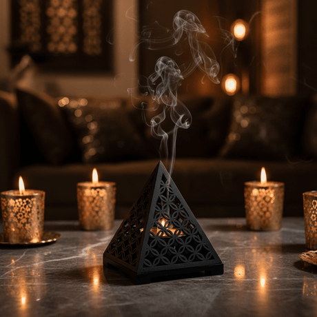 Black Pyramid Incense Burner — Geometric Lattice | Matte Black & Gold | 14×11cm - Al Kabayel Discount CentreBlack Pyramid Incense Burner — Geometric Lattice | Matte Black & Gold | 14×11cmIncense BurnerAKDCAl Kabayel Discount Centre