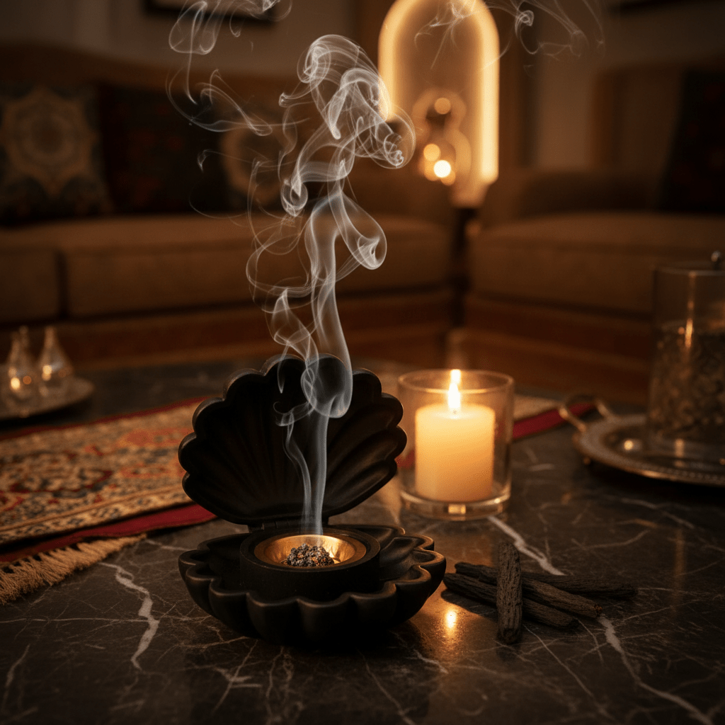 Black Shell Incense Burner — Matte Finish with Gold Brass Insert | 14cm - Al Kabayel Discount CentreBlack Shell Incense Burner — Matte Finish with Gold Brass Insert | 14cmIncense burnerAKDCAl Kabayel Discount Centre