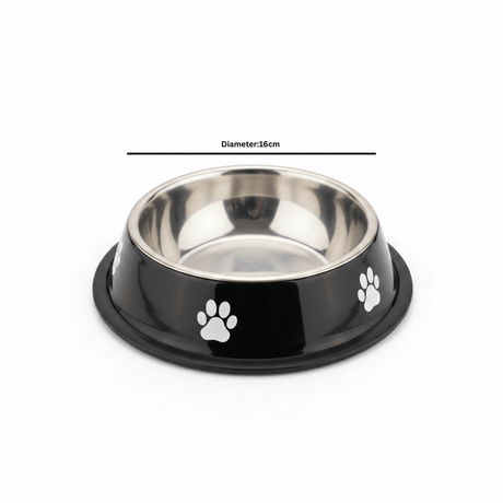 Black & Silver Stainless Steel Pet Feeding Bowl with Paw Print Design – 16cm - Al Kabayel Discount CentreBlack & Silver Stainless Steel Pet Feeding Bowl with Paw Print Design – 16cmPet SuppliesAKDCAl Kabayel Discount Centre