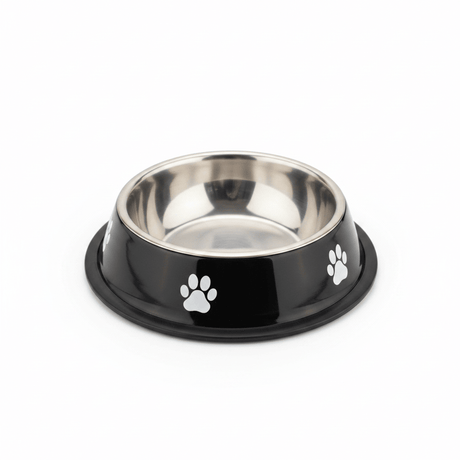 Black & Silver Stainless Steel Pet Feeding Bowl with Paw Print Design – 16cm - Al Kabayel Discount CentreBlack & Silver Stainless Steel Pet Feeding Bowl with Paw Print Design – 16cmPet SuppliesAKDCAl Kabayel Discount Centre