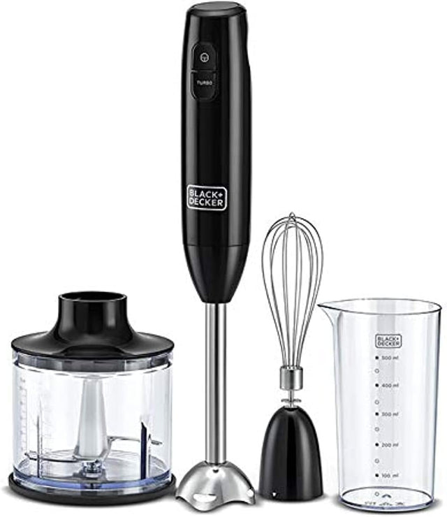 BLACK+DECKER 600W 3 - in - 1 Hand Blender HB600 - B5 – Powerful Stick Blender with 600ml Chopper, 500ml Beaker & Whisk, Stainless Steel Blades, Dual Speed & Anti - Slip Base - Al Kabayel Discount CentreBLACK+DECKER 600W 3 - in - 1 Hand Blender HB600 - B5 – Powerful Stick Blender with 600ml Chopper, 500ml Beaker & Whisk, Stainless Steel Blades, Dual Speed & Anti - Slip BaseFood & Drink AppliancesBLACK+DECKERAl Kabayel Discount Centre