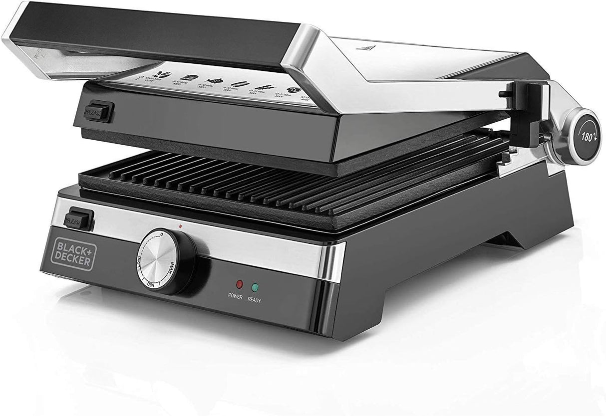 BLACK+DECKER Family Health Grill with 180° Hinge, 2000W, 1500cm² BBQ Area, 5 - Level Height Adjustment, Variable Temperature Control, Removable Drip Tray, Cool - Touch Handle, Black/Silver - CG2000 - B5 - Al Kabayel Discount CentreBLACK+DECKER Family Health Grill with 180° Hinge, 2000W, 1500cm² BBQ Area, 5 - Level Height Adjustment, Variable Temperature Control, Removable Drip Tray, Cool - Touch Handle, Black/Silver - CG2000 - B5Electric Griddles & GrillsBLACK & DECKERAl Kabayel Discount Centre