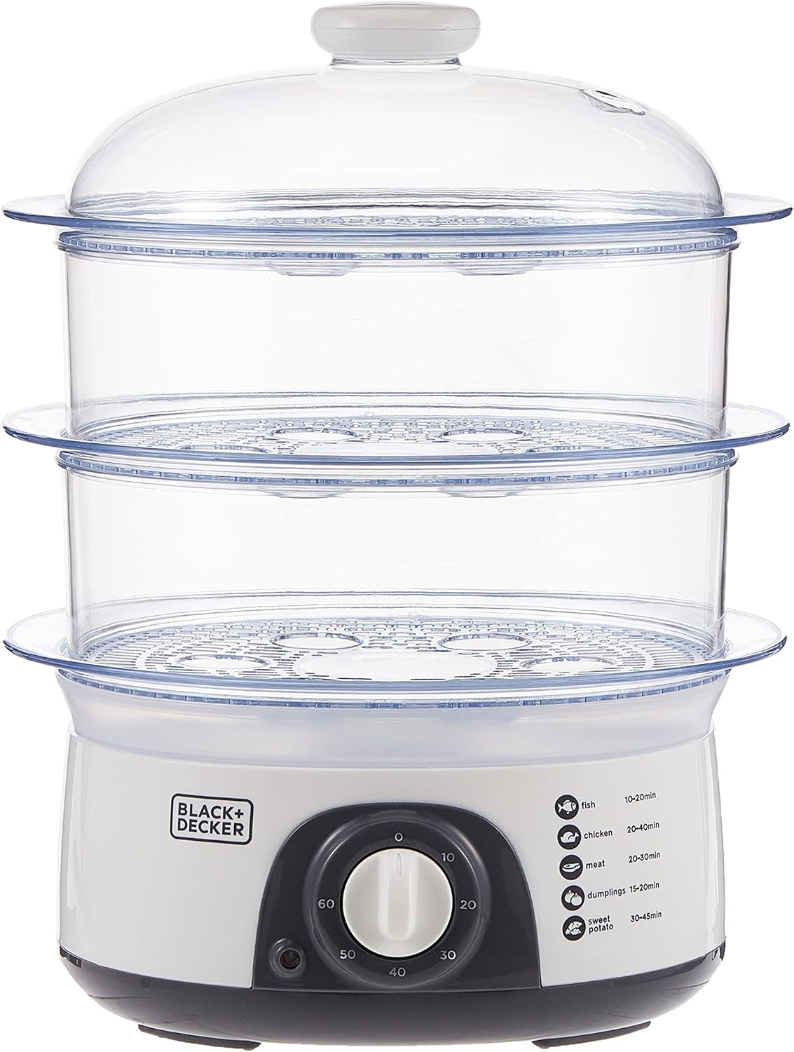 BLACK+DECKER Food Steamer,775W, 10L 3 - Tier Detachable Design, Timer Control, Quick & Easy Meal Prep, Dishwasher Safe, Lightweight 1.98 Kg, 220 - 240V, Efficient and Compact, White - HS6000 - B5 - Al Kabayel Discount CentreBLACK+DECKER Food Steamer,775W, 10L 3 - Tier Detachable Design, Timer Control, Quick & Easy Meal Prep, Dishwasher Safe, Lightweight 1.98 Kg, 220 - 240V, Efficient and Compact, White - HS6000 - B5Food StreamersBLACK & DECKERAl Kabayel Discount Centre