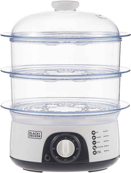 BLACK+DECKER Food Steamer,775W, 10L 3 - Tier Detachable Design, Timer Control, Quick & Easy Meal Prep, Dishwasher Safe, Lightweight 1.98 Kg, 220 - 240V, Efficient and Compact, White - HS6000 - B5 - Al Kabayel Discount CentreBLACK+DECKER Food Steamer,775W, 10L 3 - Tier Detachable Design, Timer Control, Quick & Easy Meal Prep, Dishwasher Safe, Lightweight 1.98 Kg, 220 - 240V, Efficient and Compact, White - HS6000 - B5Food StreamersBLACK & DECKERAl Kabayel Discount Centre