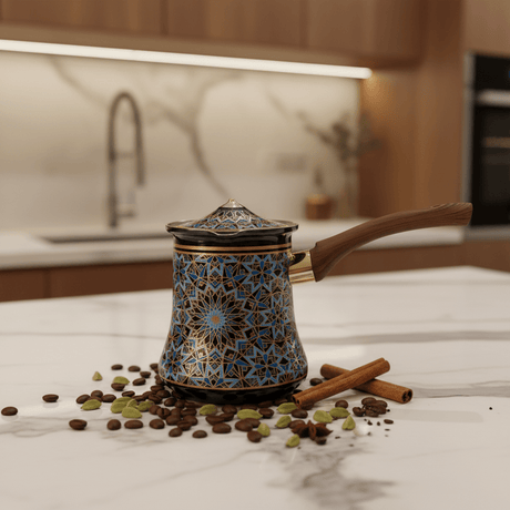 Blue & Black Decorative Metal Coffee Warmer with Mosaic Islamic Geometric Pattern, Wooden Handle & Lid – 200ml - Al Kabayel Discount CentreBlue & Black Decorative Metal Coffee Warmer with Mosaic Islamic Geometric Pattern, Wooden Handle & Lid – 200mlTea/Coffee PotsAKDCAl Kabayel Discount Centre
