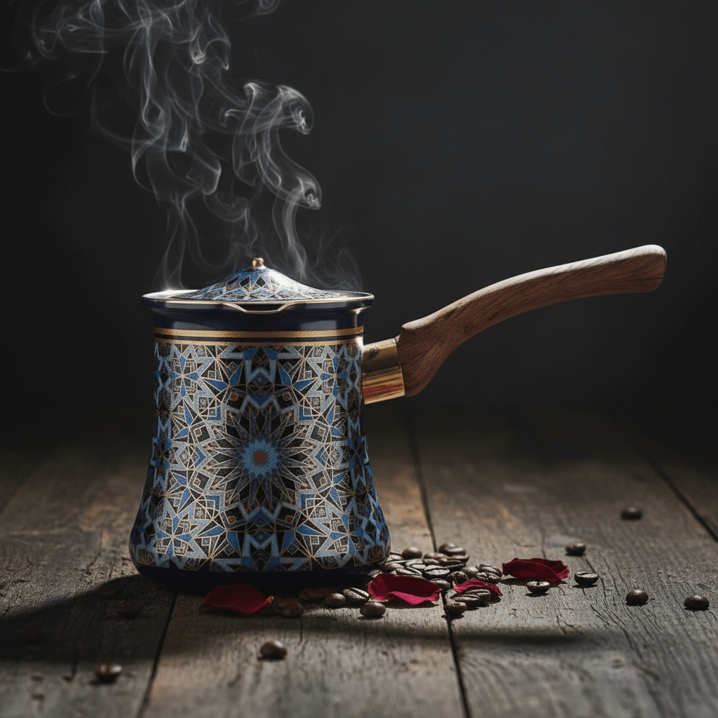Blue & Black Decorative Metal Coffee Warmer with Mosaic Islamic Geometric Pattern, Wooden Handle & Lid – 400ml - Al Kabayel Discount CentreBlue & Black Decorative Metal Coffee Warmer with Mosaic Islamic Geometric Pattern, Wooden Handle & Lid – 400mlTea/Coffee PotsAKDCAl Kabayel Discount Centre