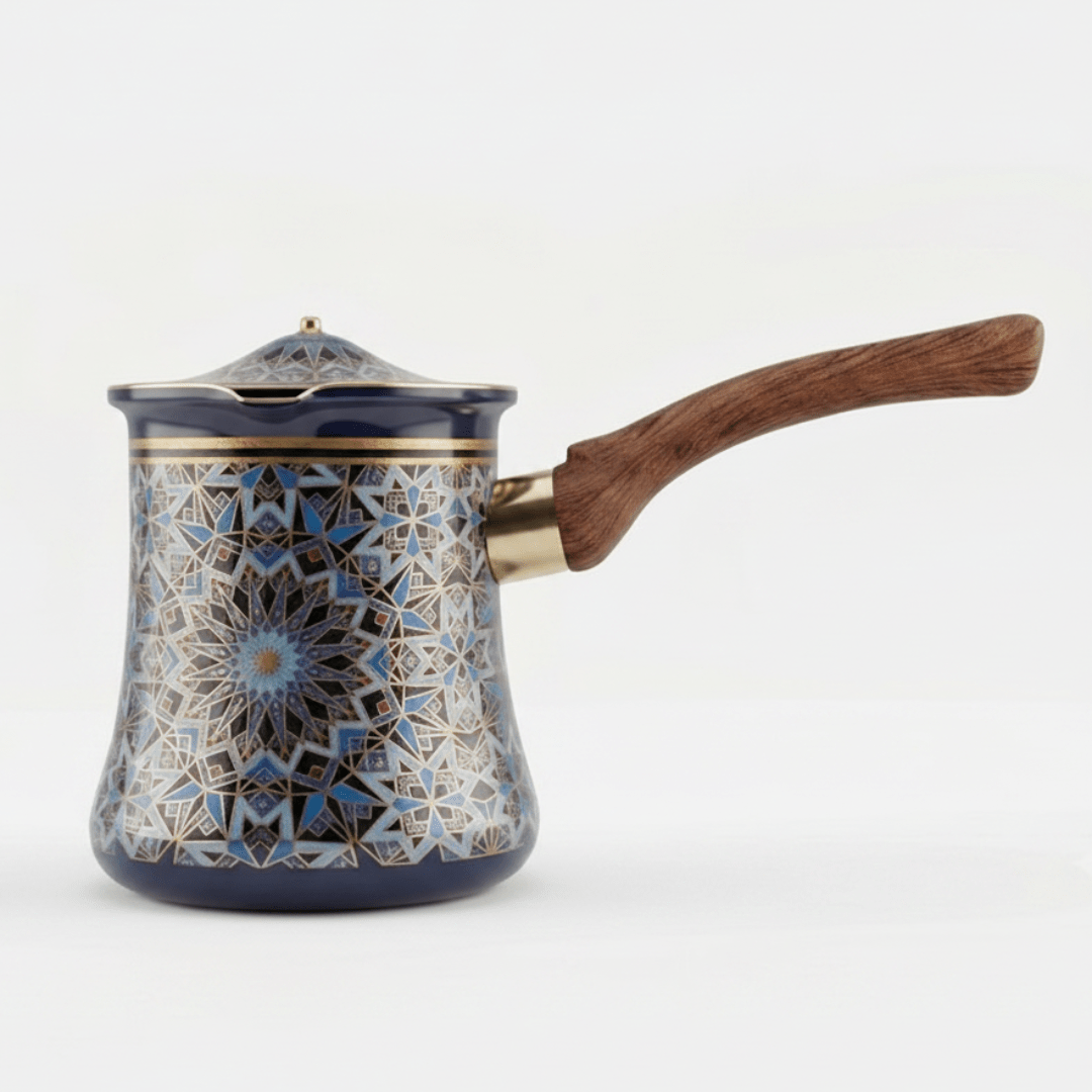 Blue & Black Decorative Metal Coffee Warmer with Mosaic Islamic Geometric Pattern, Wooden Handle & Lid – 600ml - Al Kabayel Discount CentreBlue & Black Decorative Metal Coffee Warmer with Mosaic Islamic Geometric Pattern, Wooden Handle & Lid – 600mlTea/Coffee PotsAKDCAl Kabayel Discount Centre