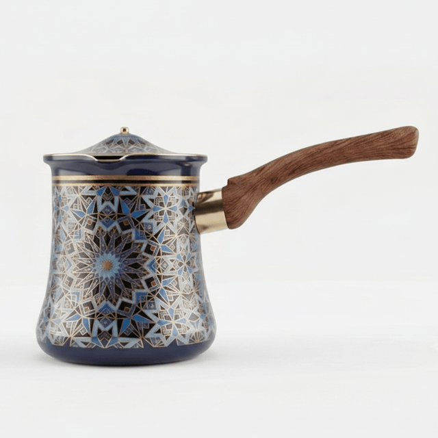 Blue & Black Decorative Metal Coffee Warmer with Mosaic Islamic Geometric Pattern, Wooden Handle & Lid – 600ml - Al Kabayel Discount CentreBlue & Black Decorative Metal Coffee Warmer with Mosaic Islamic Geometric Pattern, Wooden Handle & Lid – 600mlTea/Coffee PotsAKDCAl Kabayel Discount Centre