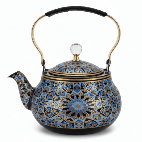 Blue & Black Enamel Metal Kettle with Islamic Geometric Mosaic Pattern, Crystal Lid Knob & Gold Handle | 1.5 Litre | - Al Kabayel Discount CentreBlue & Black Enamel Metal Kettle with Islamic Geometric Mosaic Pattern, Crystal Lid Knob & Gold Handle | 1.5 Litre |Tea/Coffee PotsAKDCAl Kabayel Discount Centre