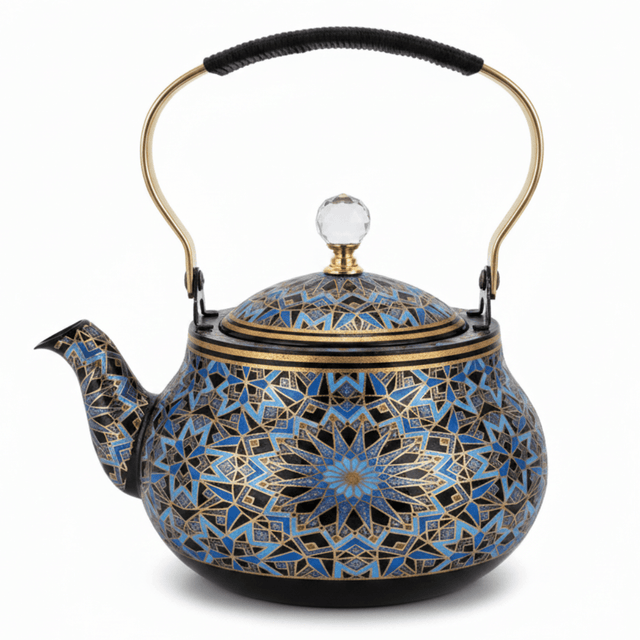 Blue & Black Enamel Metal Kettle with Islamic Geometric Mosaic Pattern, Crystal Lid Knob & Gold Handle | 1.5 Litre | - Al Kabayel Discount CentreBlue & Black Enamel Metal Kettle with Islamic Geometric Mosaic Pattern, Crystal Lid Knob & Gold Handle | 1.5 Litre |Tea/Coffee PotsAKDCAl Kabayel Discount Centre