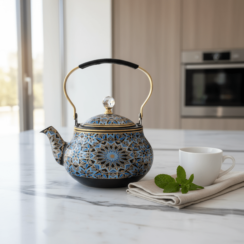 Blue & Black Enamel Metal Kettle with Islamic Geometric Mosaic Pattern, Crystal Lid Knob & Gold Handle | 1.5 Litre | - Al Kabayel Discount CentreBlue & Black Enamel Metal Kettle with Islamic Geometric Mosaic Pattern, Crystal Lid Knob & Gold Handle | 1.5 Litre |Tea/Coffee PotsAKDCAl Kabayel Discount Centre