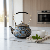 Blue & Black Enamel Metal Kettle with Islamic Geometric Mosaic Pattern, Crystal Lid Knob & Gold Handle | 1.5 Litre | - Al Kabayel Discount CentreBlue & Black Enamel Metal Kettle with Islamic Geometric Mosaic Pattern, Crystal Lid Knob & Gold Handle | 1.5 Litre |Tea/Coffee PotsAKDCAl Kabayel Discount Centre
