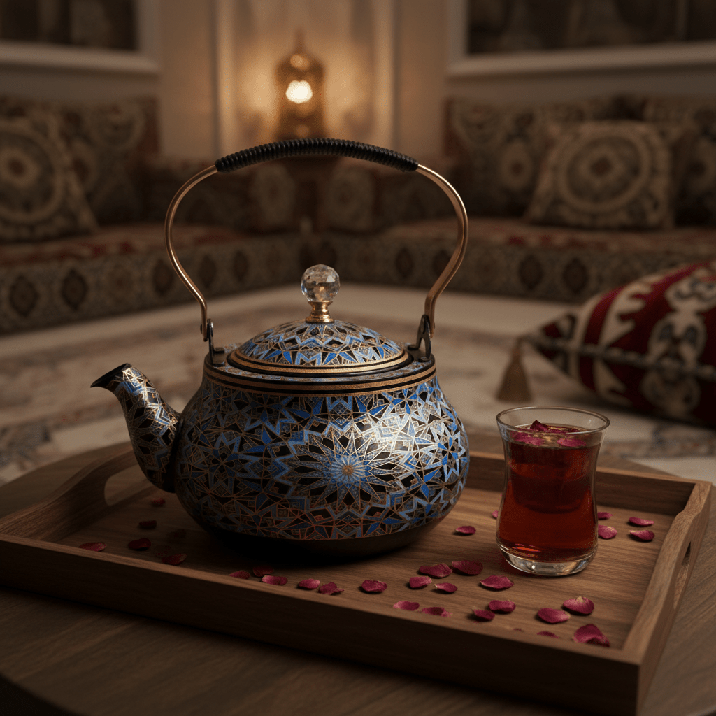 Blue & Black Enamel Metal Kettle with Islamic Geometric Mosaic Pattern, Crystal Lid Knob & Gold Handle | 1.5 Litre | - Al Kabayel Discount CentreBlue & Black Enamel Metal Kettle with Islamic Geometric Mosaic Pattern, Crystal Lid Knob & Gold Handle | 1.5 Litre |Tea/Coffee PotsAKDCAl Kabayel Discount Centre